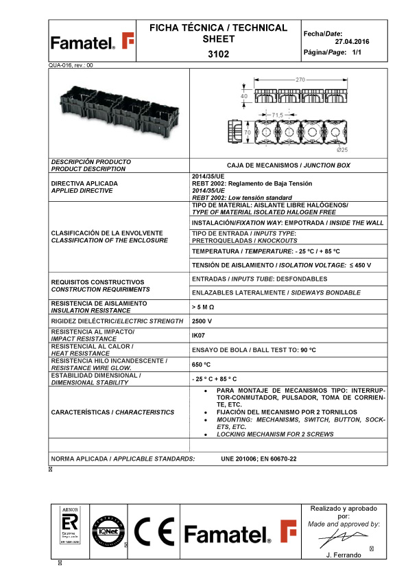 FICHA CAJILLO ENLAZABLE FAMATEL 3102